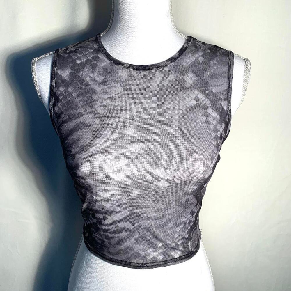 PrettyLittleThing Snakeskin Mesh Charcoal Crop Tank